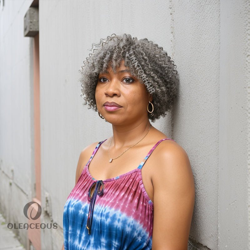 Salt And Pepper Kinky Curly Glueless Bob Wig 100%