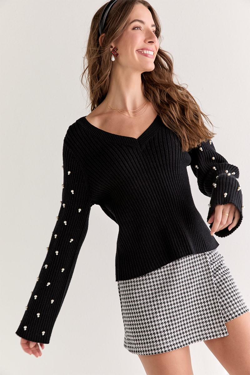 Nellie Pearl Embellished Pullover Sweater Black