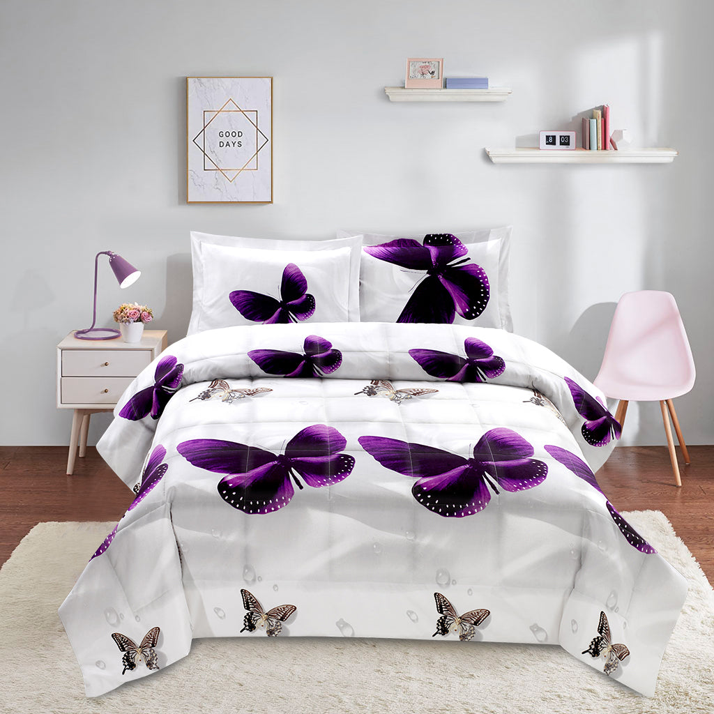 3D Print Purple Butterfly All Season Quilted Comforter Set