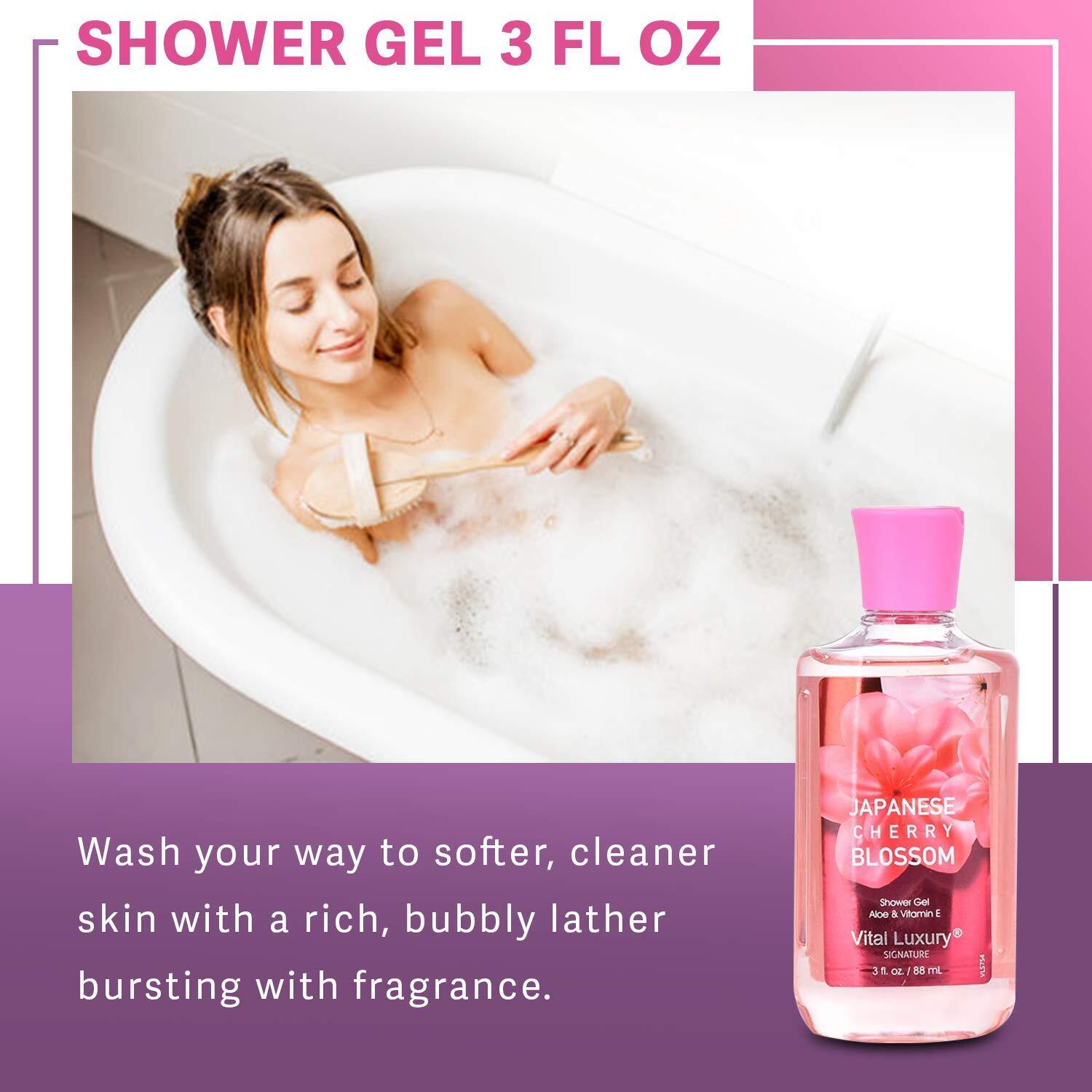 Vital Luxury Bath & Body Care Travel Set - Home Spa Set with Body Lotion, Shower Gel and Fragrance Mist, Valentines Day Gifts for Her and Him(Japanese Cherry Blossom)