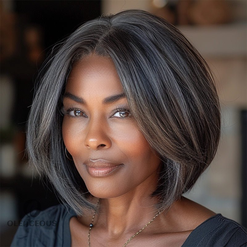 Chic Straight Bob Dark Salt & Pepper  Hair 4x4 Lace Closure Wig Timeless Style for Women Over 50