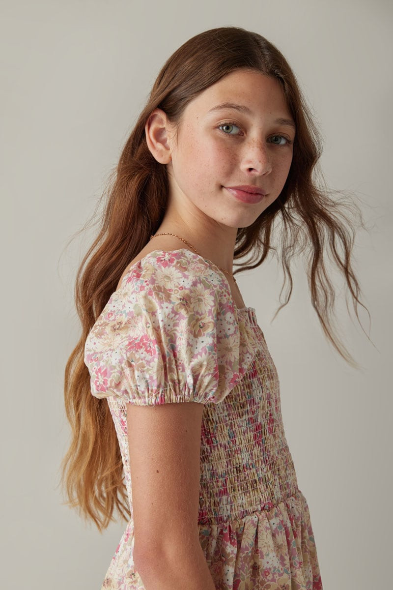 Hello Franki Short Sleeve Smocked Tiered Dress for girls Pink