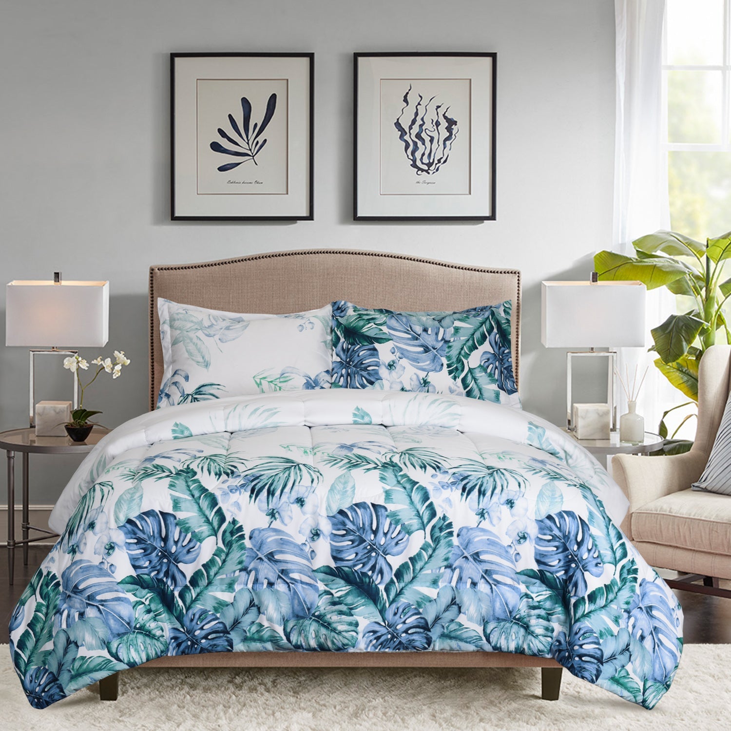 HIG 3 Pieces Botanical Theme Printed Comforter Set with Tropical Monstera, King