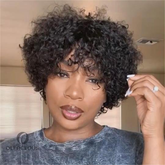 Glueless Fluffy Pixie Cut Short Curly Hair Wigs With Bangs