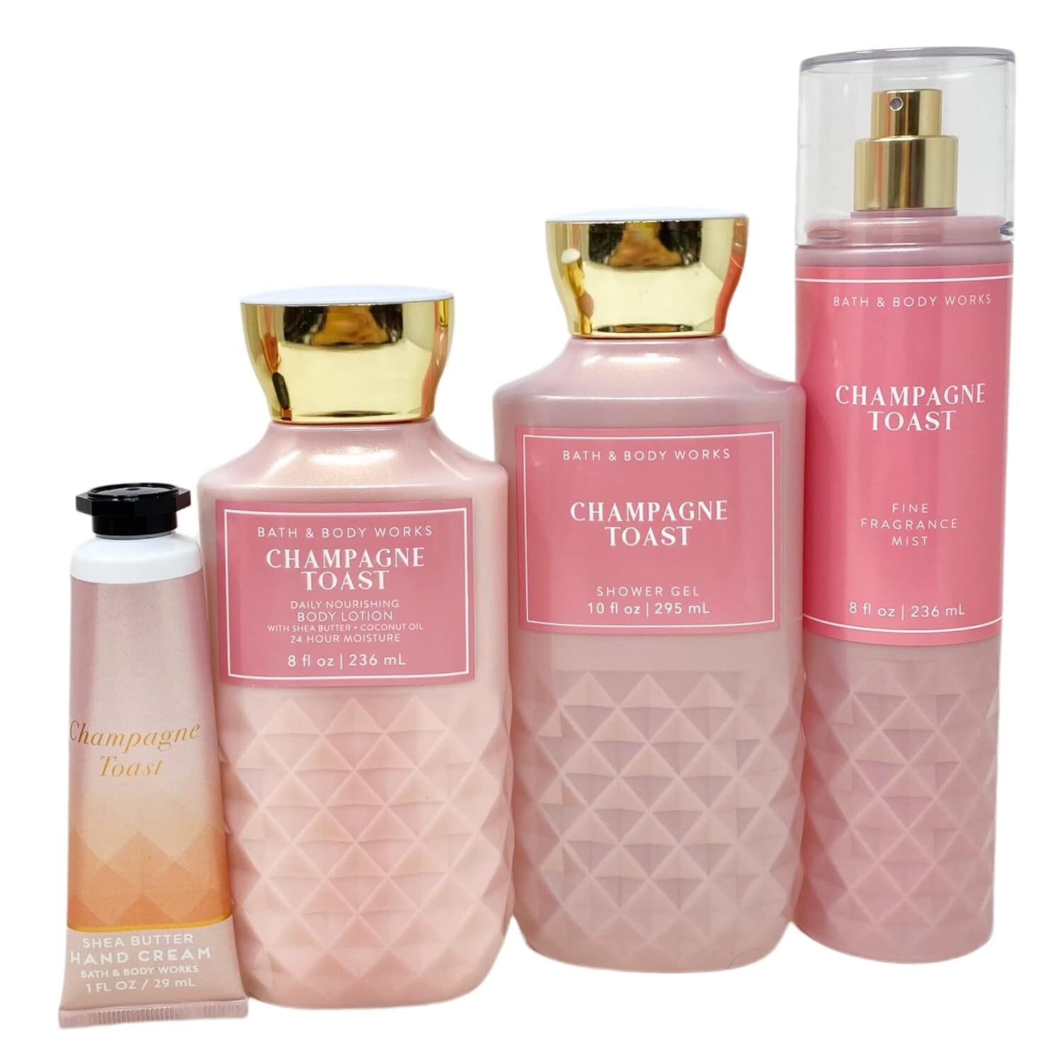 Bath & Body Works CHAMPAGNE TOAST Gift Bag Set - Body lotion - Shower Gel and Fine Fragrance Mist Plus a Shea Butter Hand Cream arranged inside a transparent gift bag