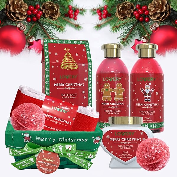 Bath and Body Christmas Gift Basket For Women – Strawberry & Sandalwood Fragrance - Holiday Home Spa Set, Includes Merry Christmas Body Lotion, 2 Oversized Bath Bombs, Bath Salt, Weaved Basket & More