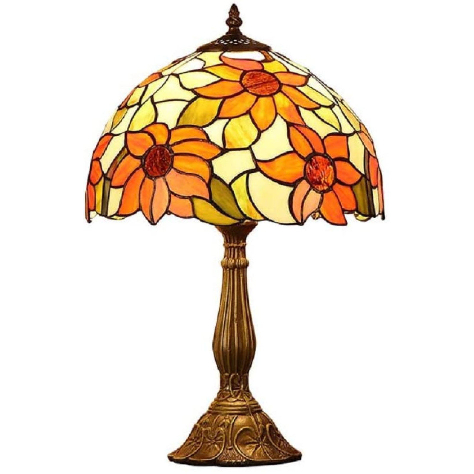 Tiffany Table Lamp, Sunflower Patterned Night Lamp Victorian Hand Cut Glass 1-Light Dark Brown Table Lighting With Bowl Shade