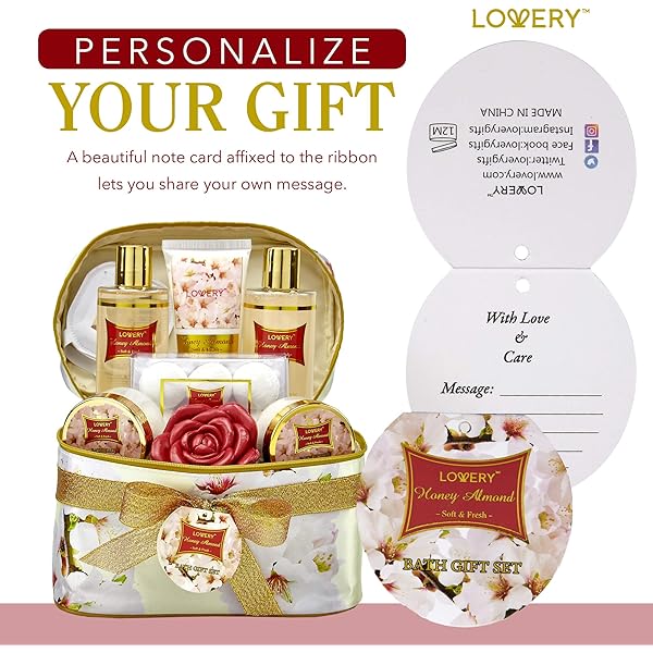 Christmas Basket, Bath and Body Gift Basket For Women – Honey Almond Home Spa Set with Fragrant Lotions, 6 Bath Bombs, Reusable Travel Cosmetics Bag and More, 14Pc Set, Birthday & Thank You Gifts