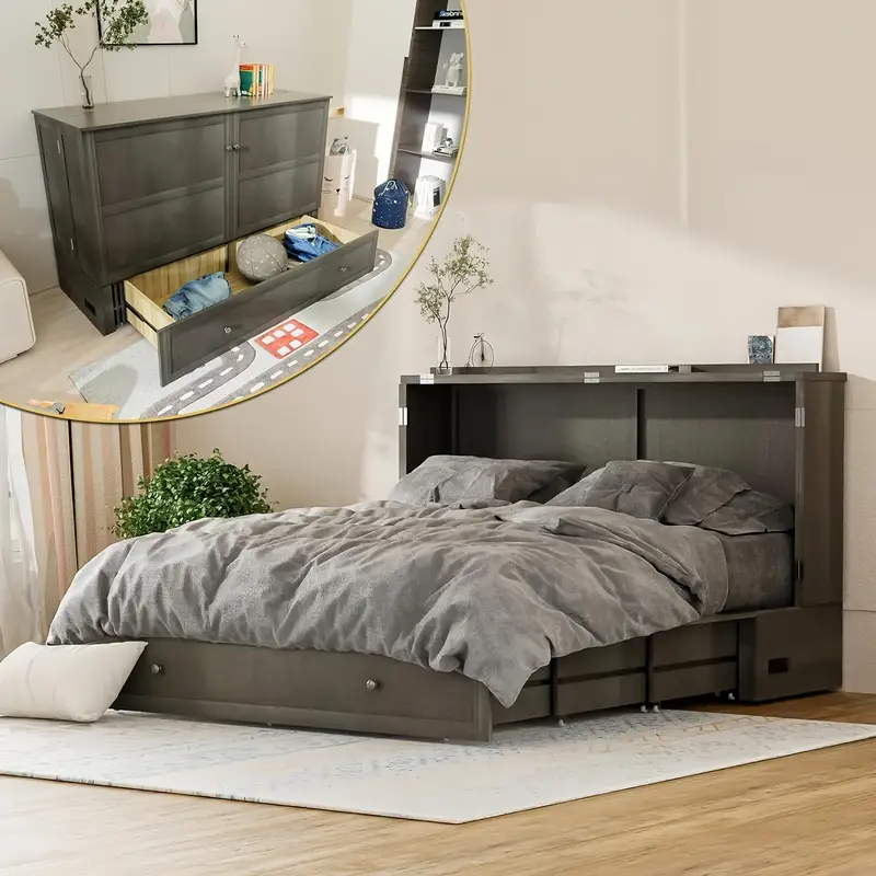 Queen Murphy Bed, with Charging Station & Storage Drawers, Mobile Bed Cabinet with Foldable Mattress
