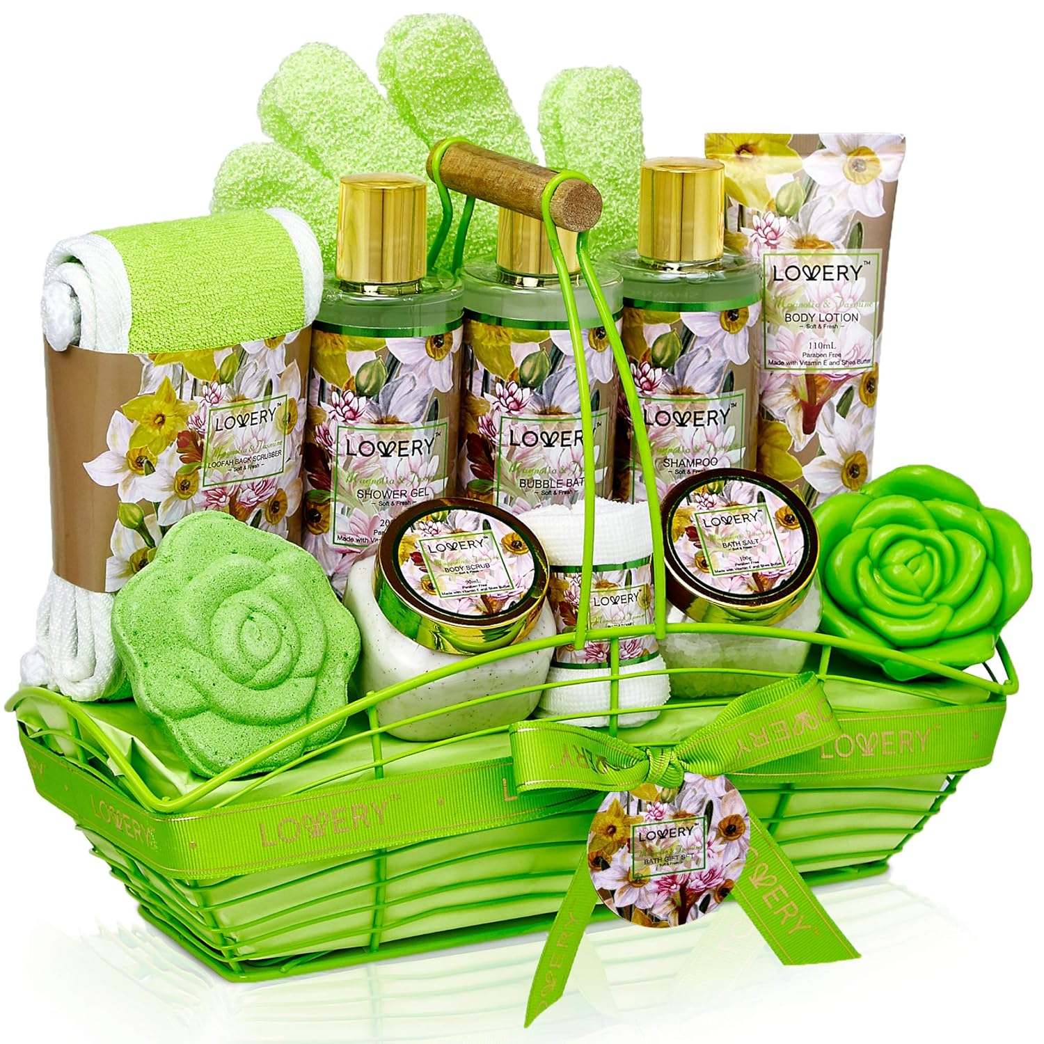 Christmas Gifts, Home Spa Gift Baskets For Women, Bath and Body Gift Basket, Magnolia & Jasmine Home Spa Set, Fragrant Lotions, Bath Bomb, Towel, Shower Gloves, Green Wired Bread Basket & More - 13Pcs