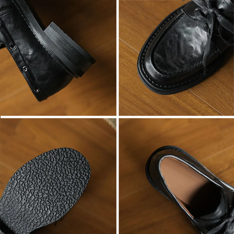 British Style Lace-up Waxing Cow Leather Boat Shoes for Women in Coffee/Black