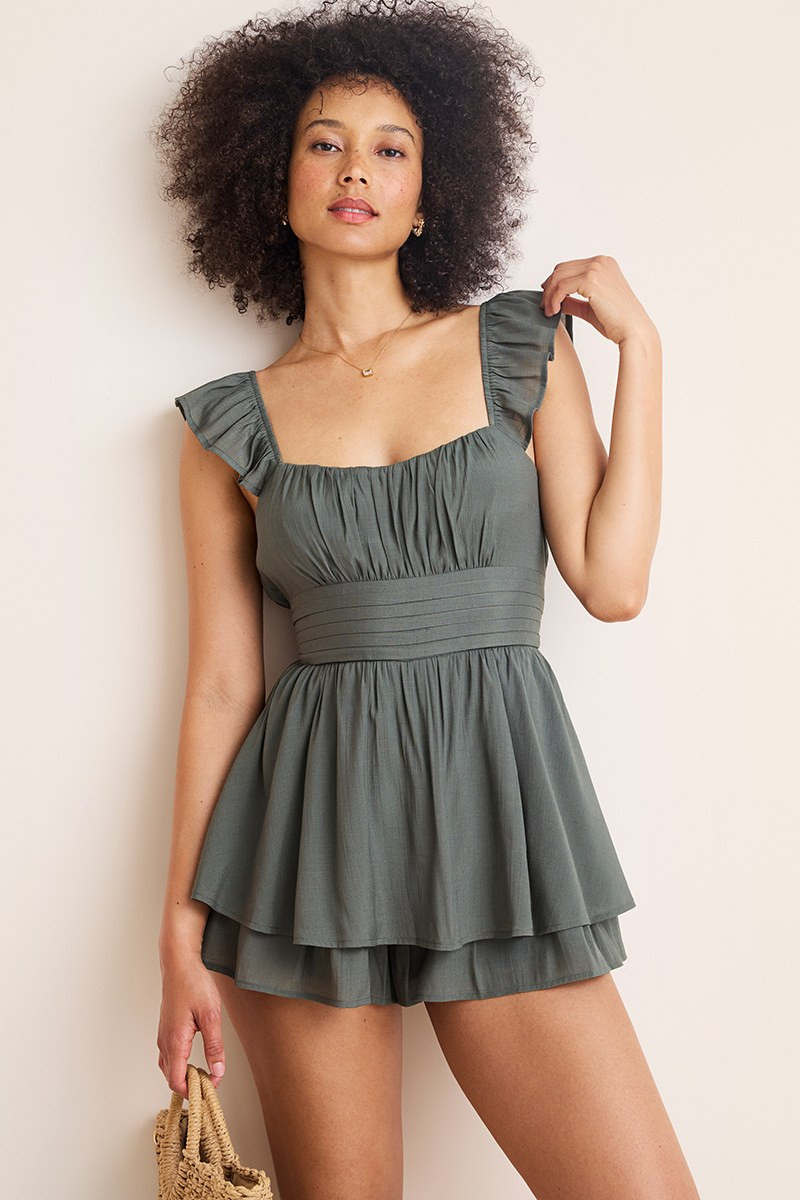 Yara Ruffle Sleeve Pleated Tiered Romper