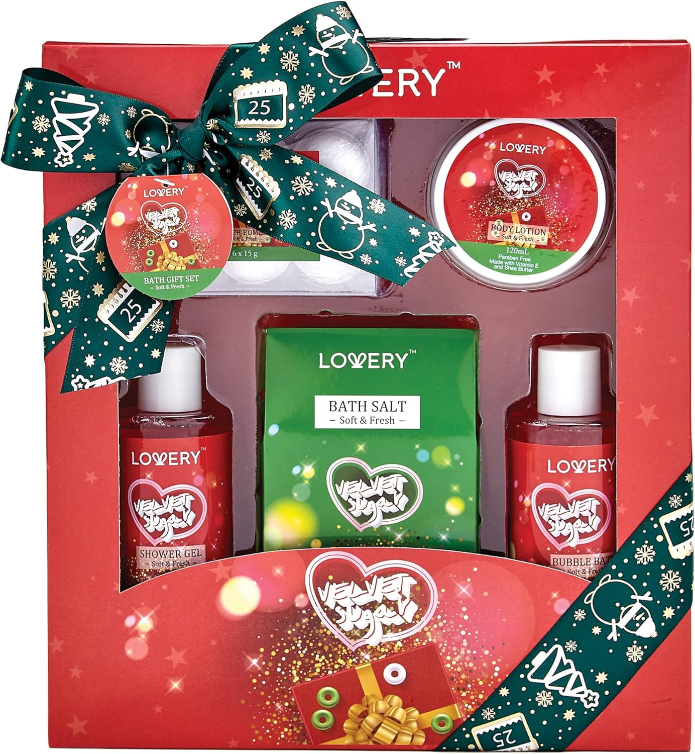 Bath and Body Christmas Gift Box For Women – 10 Piece Set of Velvet Sugar Home Spa Set, Includes Fragrant Lotions, 6 Bath Bombs, Bath Salt and More
