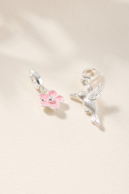 Humming Bird and Flower Charm Set Silver
