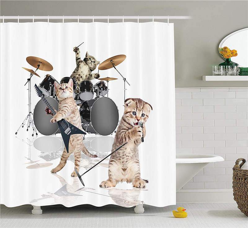 Cool Fancy Hard Cute Rocker Band of Kittens with Singer Guitarist Cats Print Fabric Bathroom Decor Set White Beige