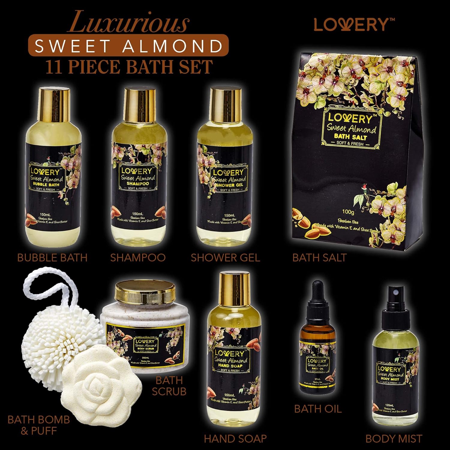 Christmas Gifts from Son, Bath and Body Gift Basket For Women and Men – Sweet Almond Home Spa Set with Fragrant Body Lotions, Bath Bombs, Gold Candy Dish & Much More - 11pc Set, Care Package for Mom