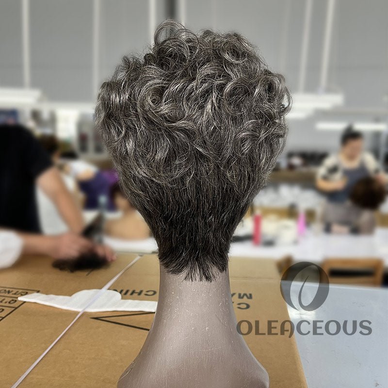 Salt & Pepper Color Custom Edgy Pixie Cuts Wig With Natural Wave Bangs Glueless  Hair Wigs For Mom