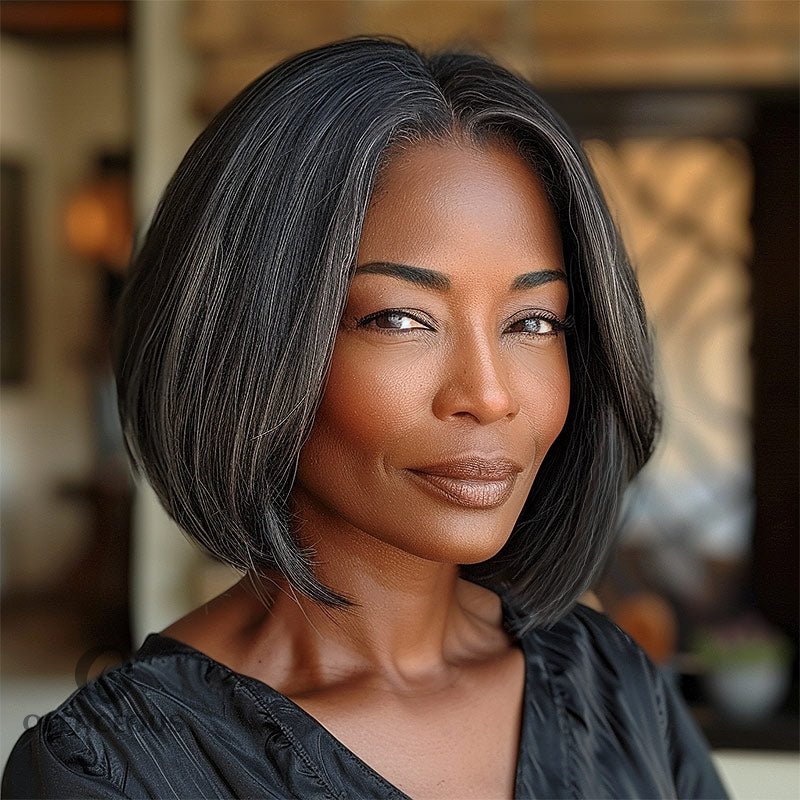 Chic Straight Bob Dark Salt & Pepper  Hair 4x4 Lace Closure Wig Timeless Style for Women Over 50