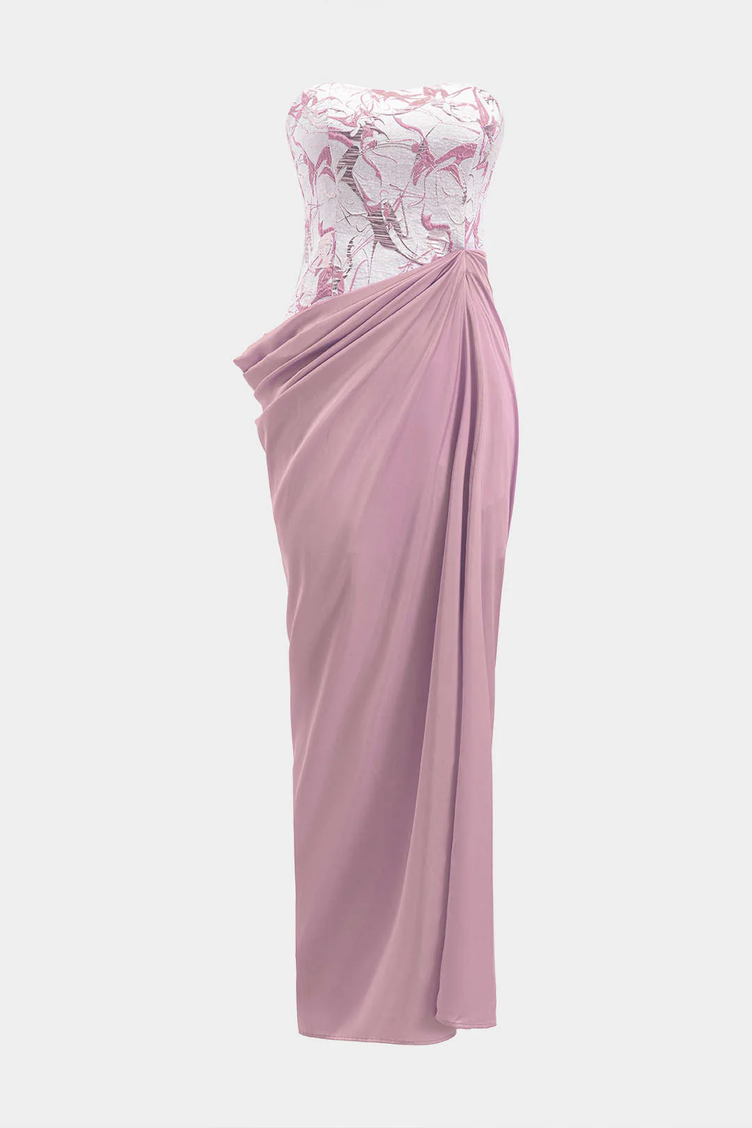 Satin Jacquard Patchwork Ruched Strapless Sleeveless Maxi Dress