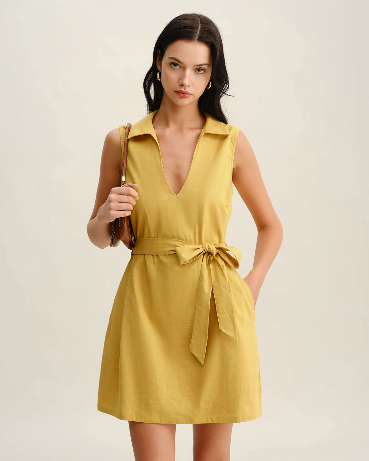 Yellow Tie Waist Sleeveless Mini Dress
