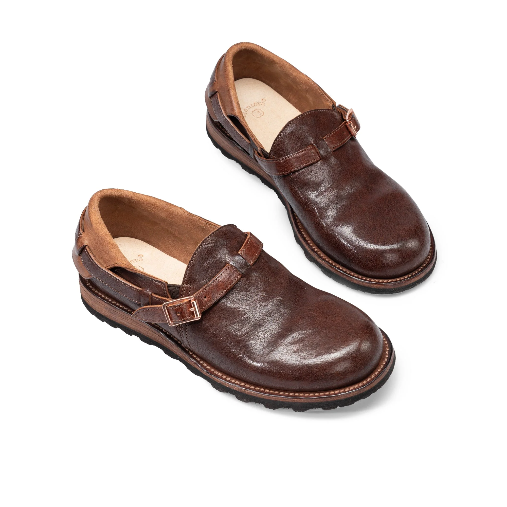 Middle English-Womens Handmade Full Grain Horse Leather Flat Loafers - Black/Coffee