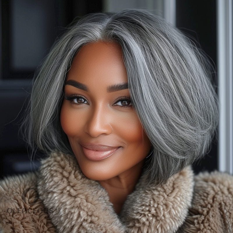 Classic Women's Hairstyle Salt and Pepper Straight Bob Real  Hair Wear Go Glueless Lace Wigs For Mom