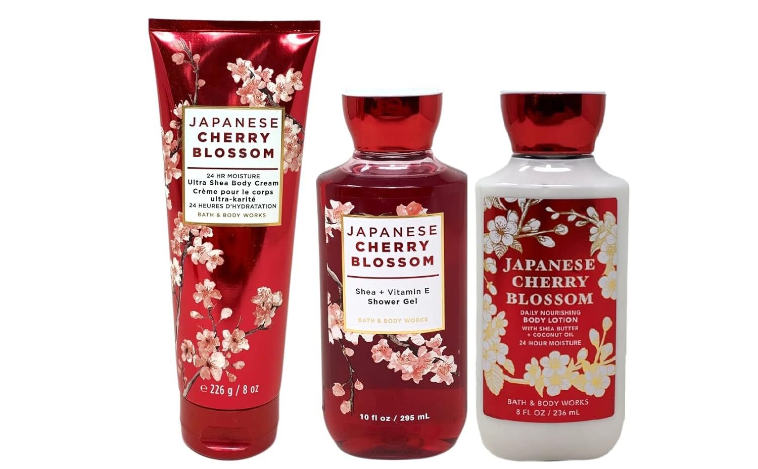 Japanese Cherry Blossom Gift Set - 3 Piece Bath & Body Works Gift Set - Japanese Cherry Blossom Lotion + Ultra Shea Triple Moisture Cream + Shower Gel