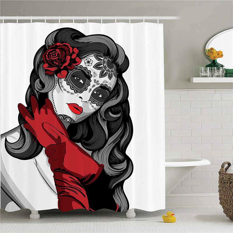 Sexy Sugar Skull Lady with Mexican Style Floral Mask Evil Gothic Dead Art Bathroom Shower Curtain Set
