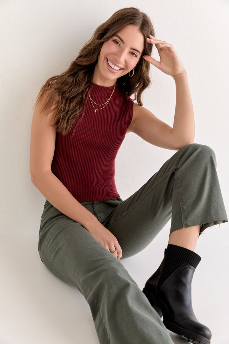 Christine Mock Neck Knitted Tank Top Burgundy