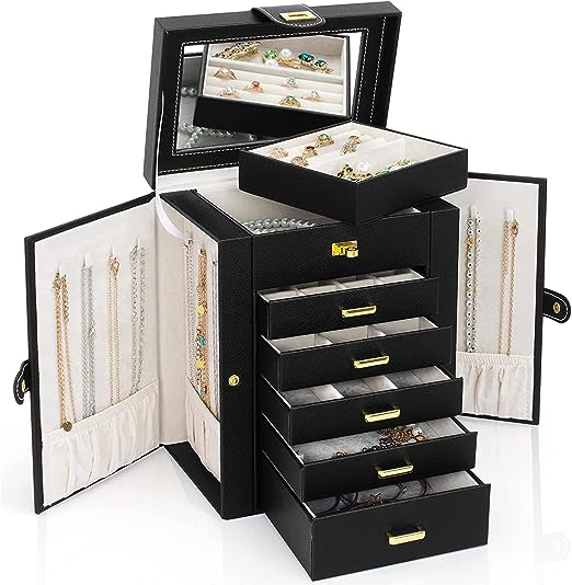 Jewelry Box Organizer Function Lockable Leather Jewelry Organizer for Women Girls Ring Necklace Earring Bracelet Holder Organizer with Mirror Black