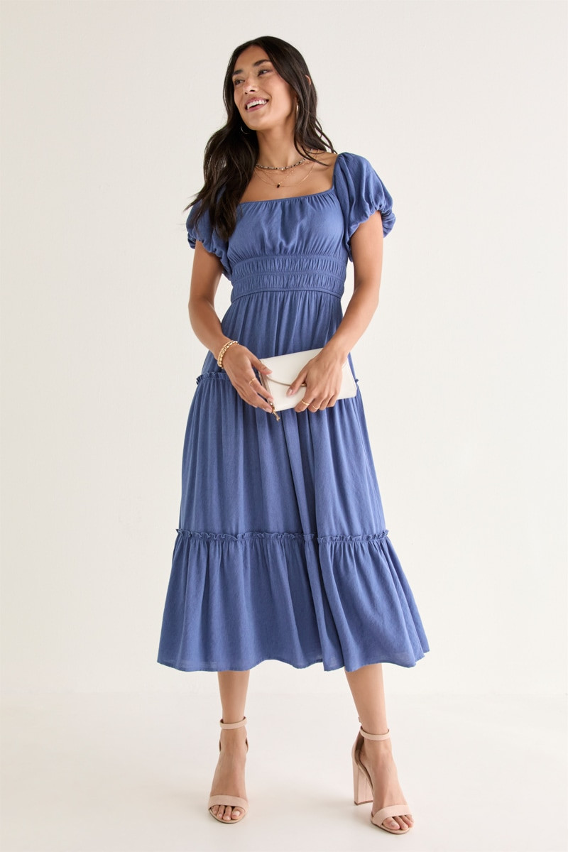 Emma Puff Sleeve Tiered Midi Dress Blue