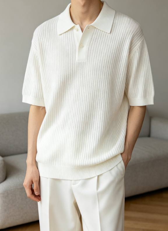 Striped White Polo Knit Top