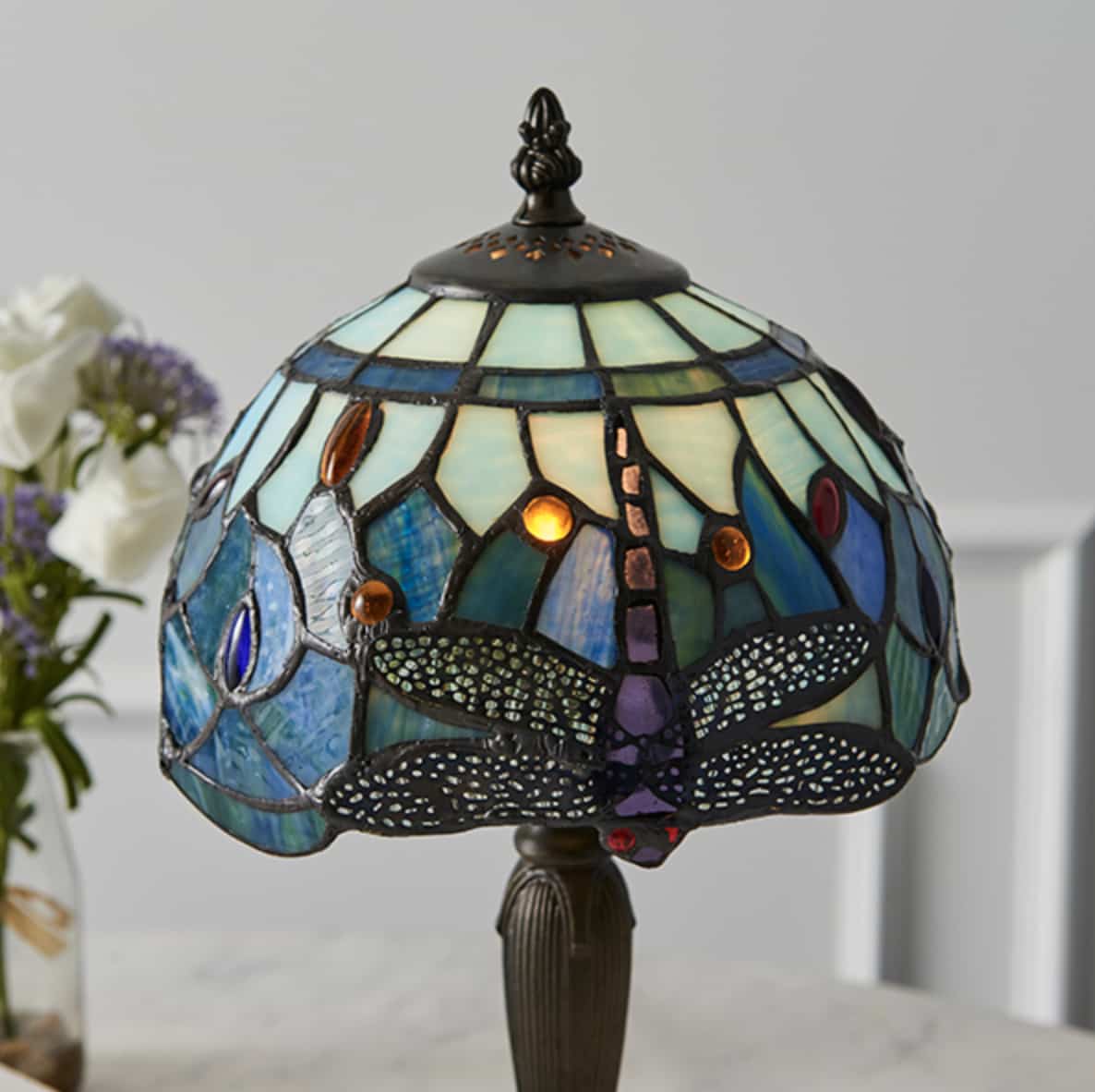 Tiffany Bedside Lamp with Dragonflies, Blue Color, 20cm