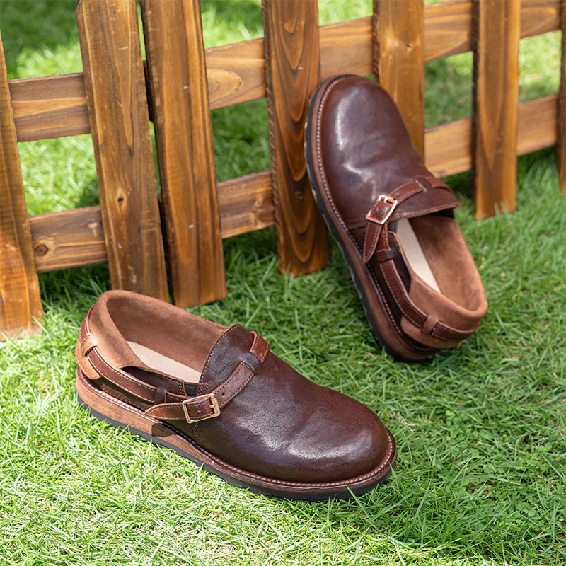 Middle English-Womens Handmade Full Grain Horse Leather Flat Loafers - Black/Coffee