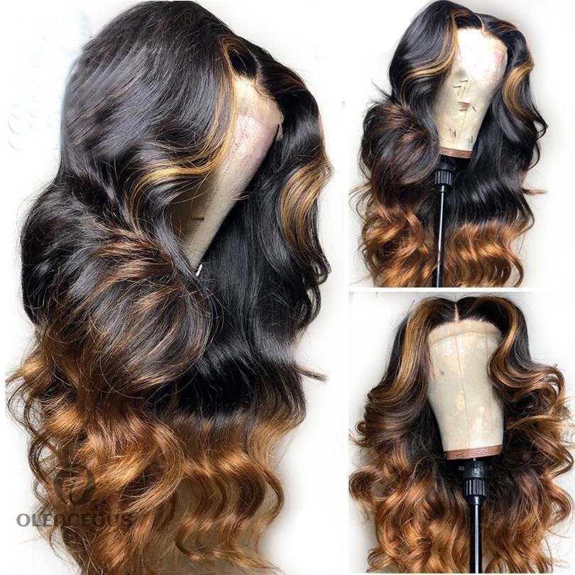 Black Gradient Gold Wave Wigs Middle Part Glueless Long Hair Wave Wigs