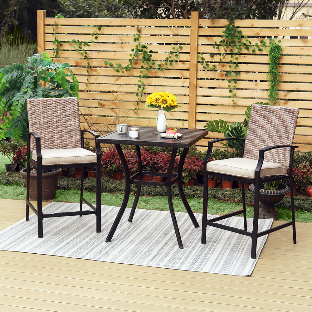 Outdoor High Bar Stool Set Rattan Back & Cushioned Seat