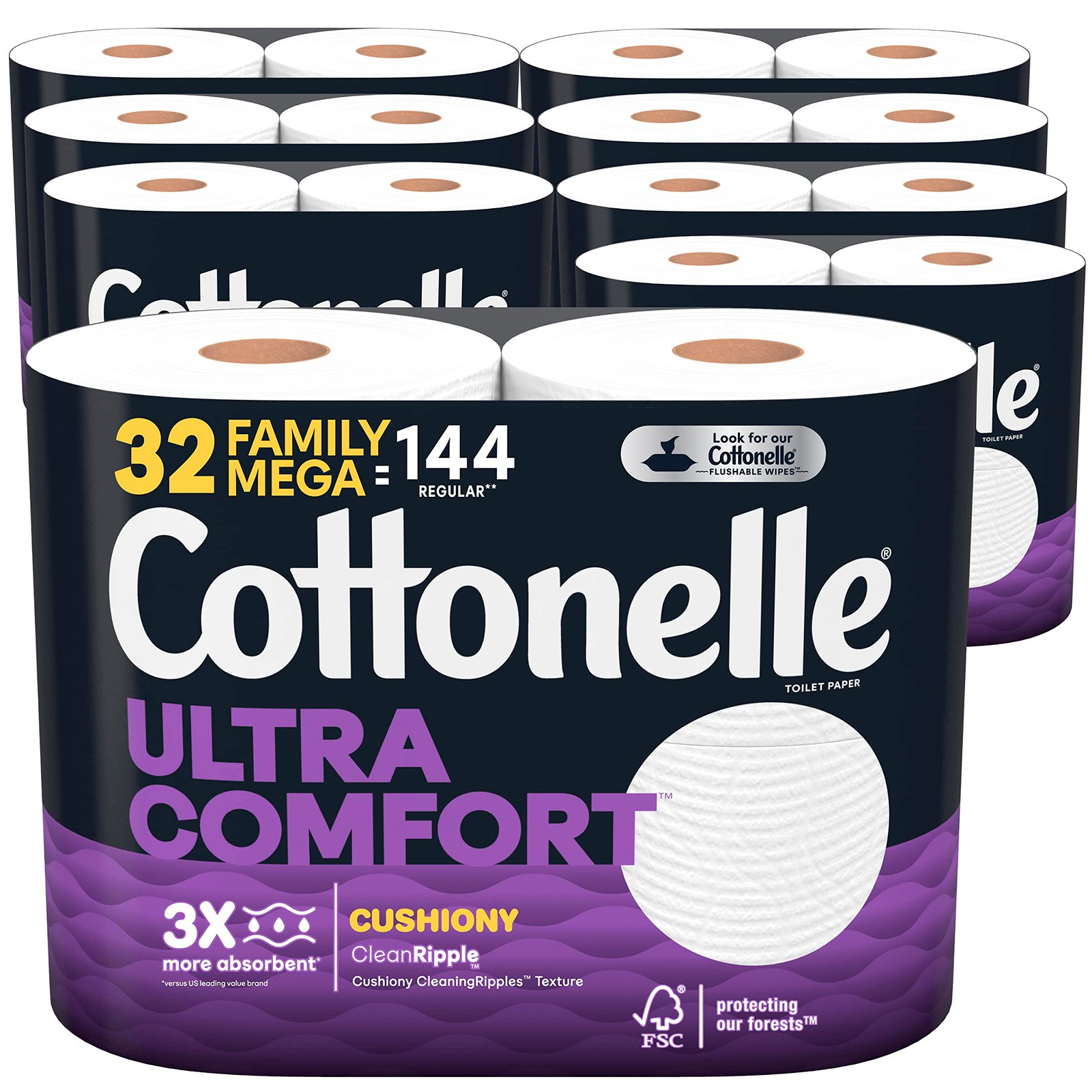 Cottonelle Ultra Comfort Toilet Paper with Cushiony CleaningRipples Texture, Strong Bath Tissue, 32 Family Mega Rolls (32 Family Mega Rolls = 144 Regular Rolls) (8 Packs of 4), 325 Sheets per Roll