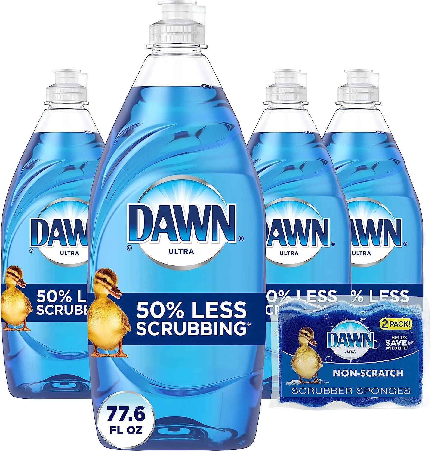 Dishwashing Liquid Dish Soap (4x19.4 Fl oz) + Non-Scratch Sponge (2 Count), Original Scent