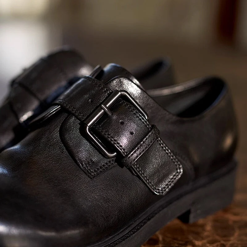 Retro Handmade Horse Leather Monk Strap Shoes for Women with Buckle in Black