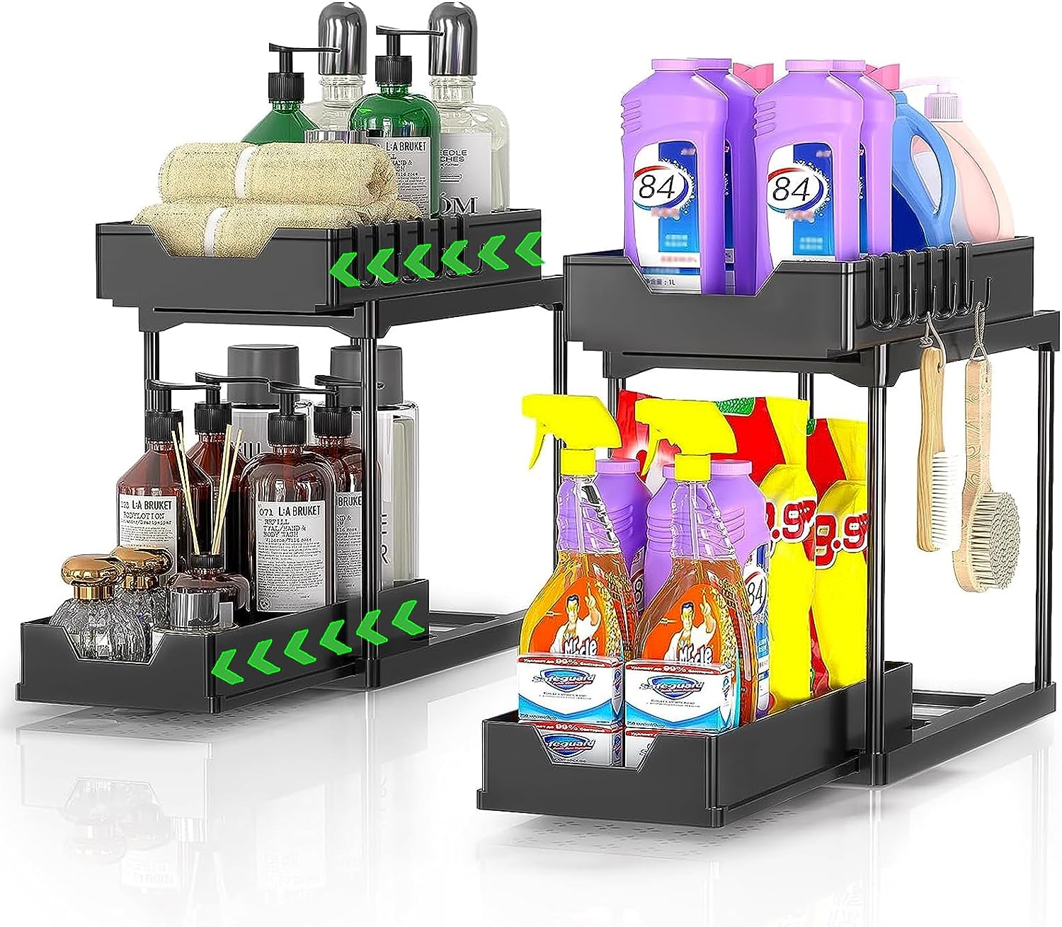 2 Pack Under Sink Organizers and Storage, 2-Tier Sliding Cabinet Basket Organizer with Hooks, Multi-Purpose Under Sink Organizers and Storage for Bathroom Kitchen