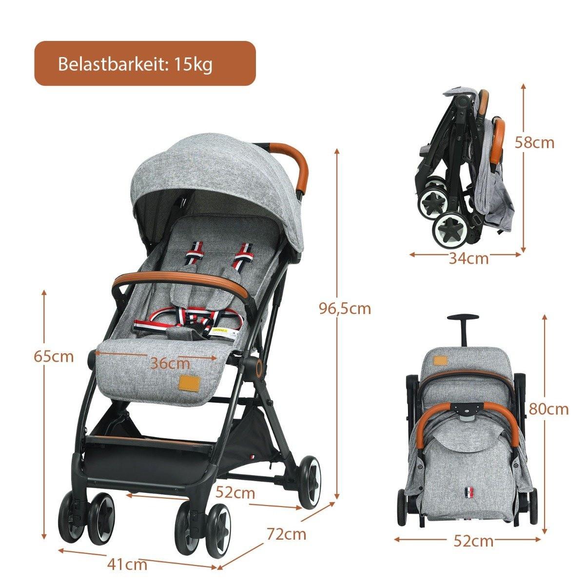 B2X Faltbarer Kinderwagen mit verstellbare Rückenlehne & Fußstütze & Verdeck Grau