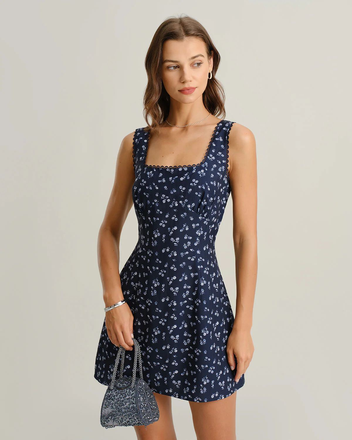 Navy Floral Square Neck Slip Mini Dress