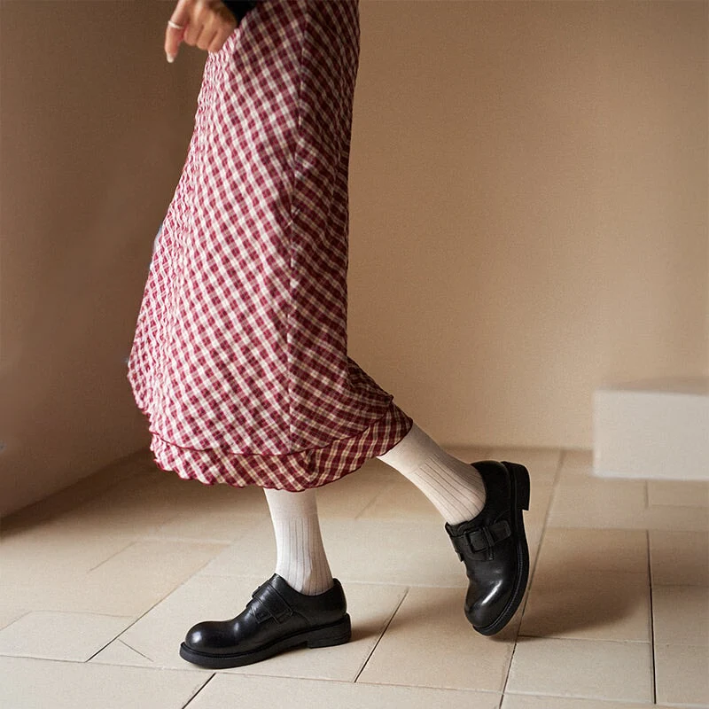 Retro Handmade Horse Leather Monk Strap Shoes for Women with Buckle in Black