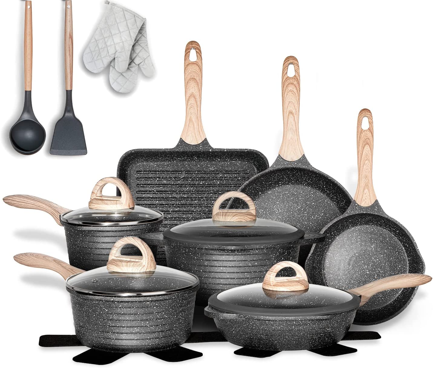 [LAST DAY CLEARANCE ONLY $12.98 ] Pots and Pans Set Nonstick 20PCS, Granite Coating Cookware Sets Induction Compatible with Frying Pan, Saucepan, Saut Pan, Grill Pan, Cooking Pots, PFOA Free, (Grey, 20pcs Cookware Set)