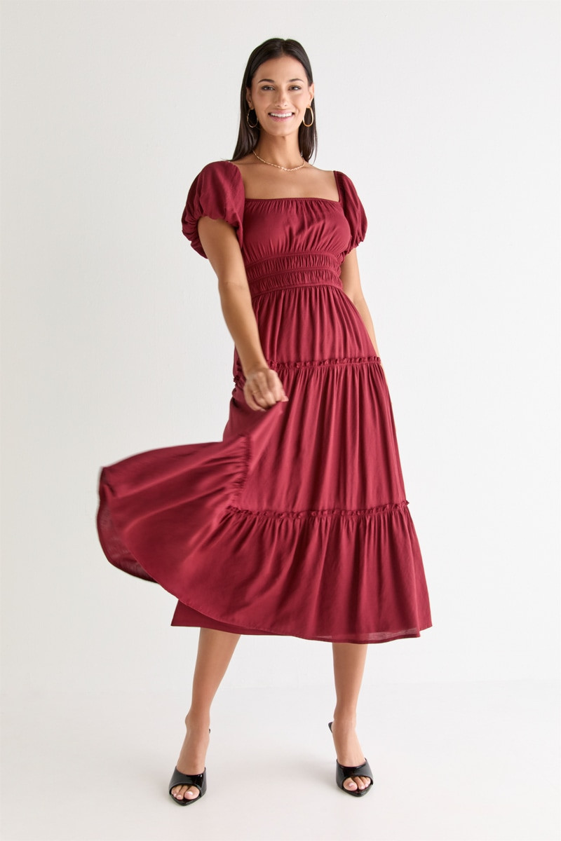 Emma Puff Sleeve Tiered Midi Dress Burgundy