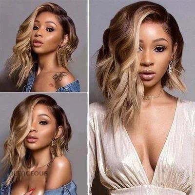 Black Gradient Light Brown Deep Wave Wig Short Bob Wig For Women