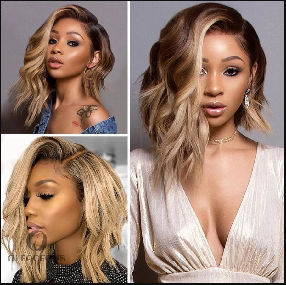 Brown mix Gold BOB Water Wave Wavy Full Lace Bob Wig| 360 Lace  new fashion for Woman