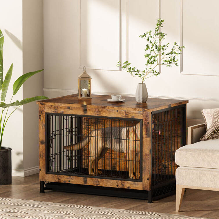 Industrial Style Rustic Brown Wooden Dog Kennel With Three Doors, Indoor Pet Furniture Dog Crate End Table