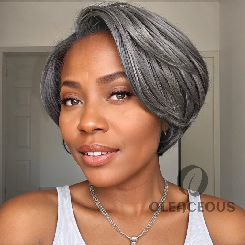 Salt & Pepper Boss Look | Short  Pixie Cut 5x5 Frontal Lace C Part Wig