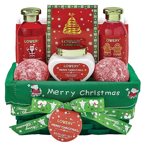 Bath and Body Christmas Gift Basket For Women – Strawberry & Sandalwood Fragrance - Holiday Home Spa Set, Includes Merry Christmas Body Lotion, 2 Oversized Bath Bombs, Bath Salt, Weaved Basket & More